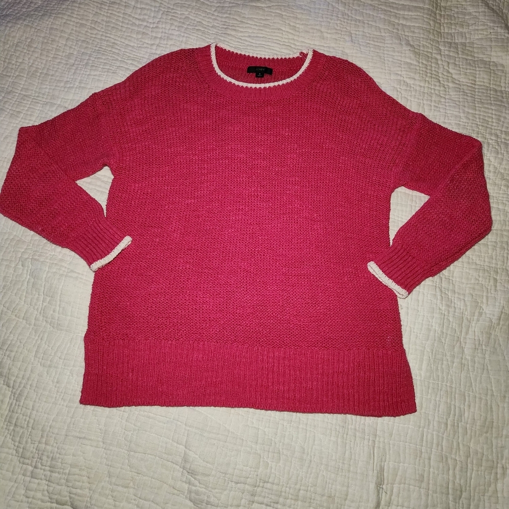 J Crew Womens Sz S Pink  Crew Neck Pullover Knit Sweater White Trim